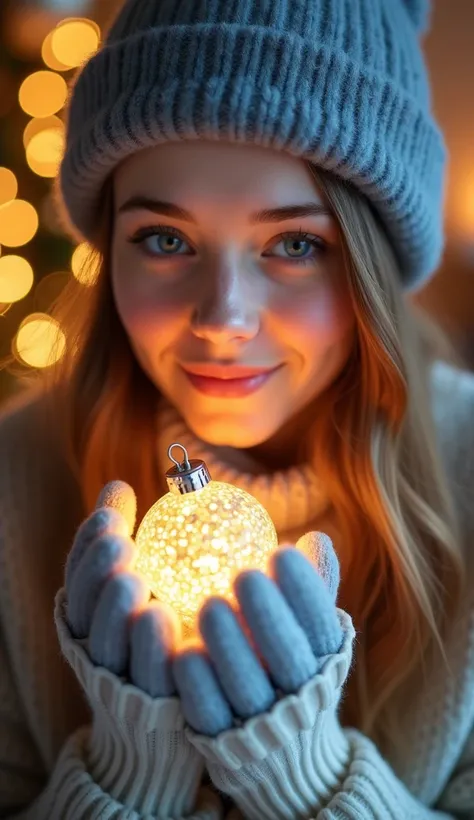  Xxxx of approximately 28 years old ,  of fair skin and long light brown hair ,  with light blue eyes and serene expression . s expression and action. She wears a blue-gray artificial fur cap and a cream-gray knitted sweater. the hands,  covered with white...