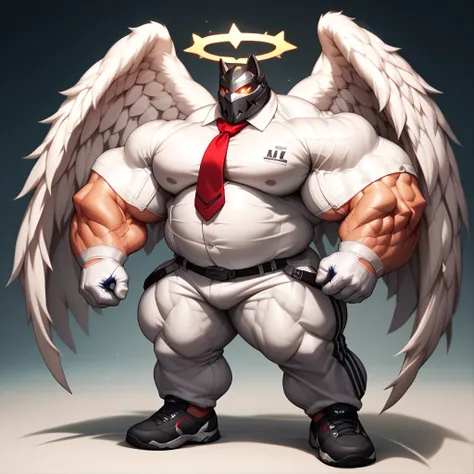 a man with a big giant musclegut tall wide body with big fat belly using white suit, white shirt, red tie, white glove, white pants, and masked that cover all of his face. Full body, standing still, solo, very big, very tall, very wide, very muscular, very...