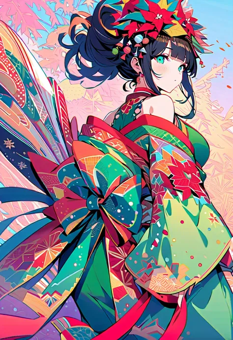 {worst quality, low-quality}, A vibrant and colorful illustration of an anime-style female geisha android with black hair, (mechanical girl), (off shoulder), She wears a traditional Japanese costume decorated with poinsettia, and the background is full of ...