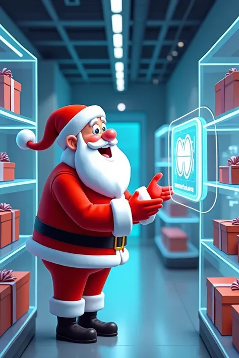 Cartoon Santa Claus buys gifts at a futuristic store 