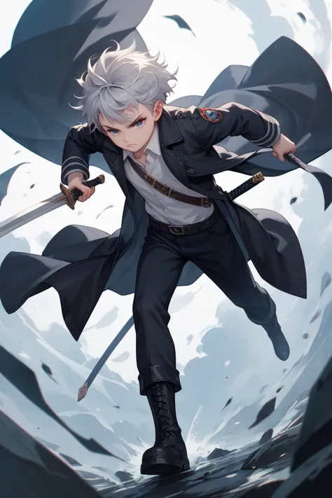  black coat、 black slacks、 Silver Hair、Generate an image of a young, cool exorcist fighting demons with a sword