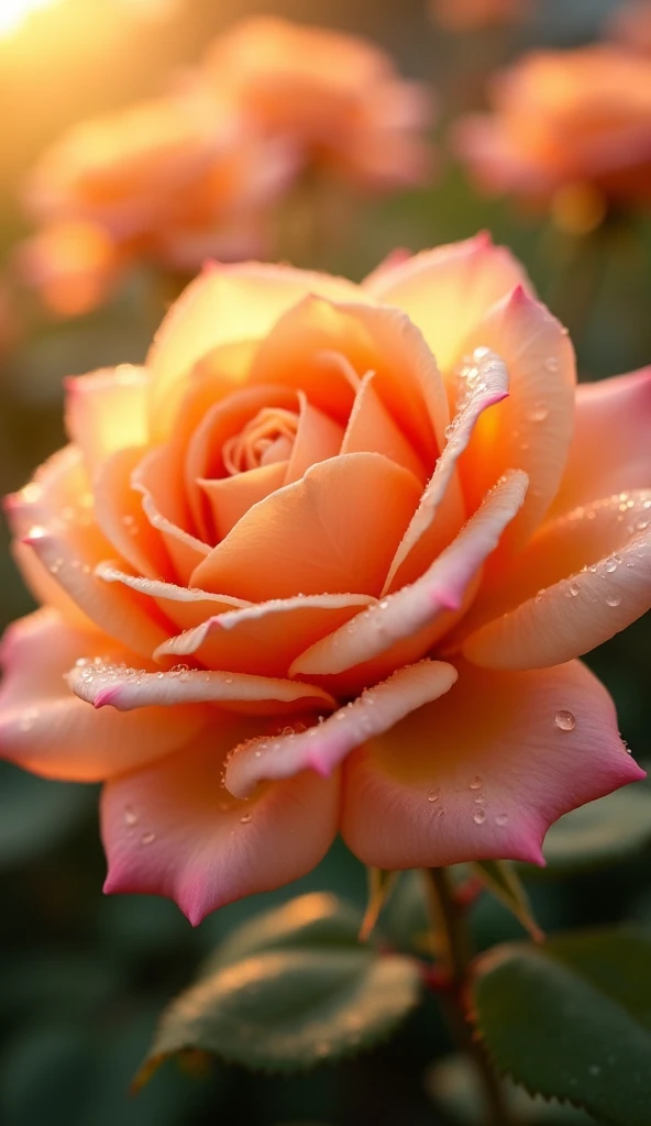 Close-up of a vibrant peach-colored rose with delicate dew drops on its petals, glowing softly under the golden morning sunlight. The background features an out-of-focus garden with other roses, creating a dreamy, bokeh effect. The overall atmosphere feels...