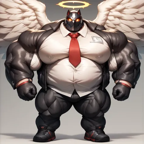 a man with a big giant musclegut tall wide body with big fat belly using black suit jacket, white shirt, red tie, black glove, black pants, and masked that cover all of his face. Full body, standing still, solo, very big, very tall, very wide, very muscula...