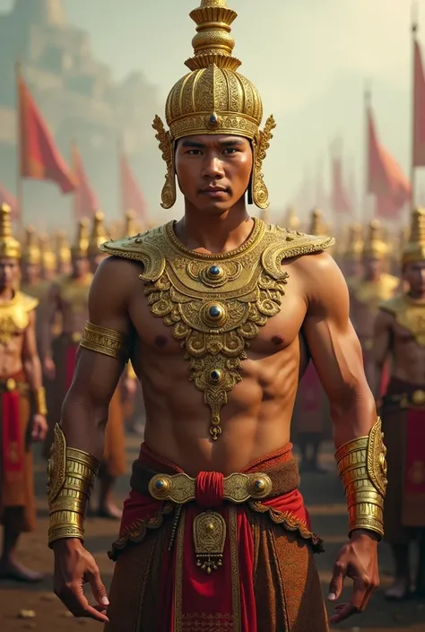 A young man, full body, dressed as a traditional Khmer warrior, wearing a golden headdress, intricate armor, and a patterned sarong, standing confidently, stand up, .A young man dressed as a traditional Khmer warrior, wearing a golden headdress, intricate ...