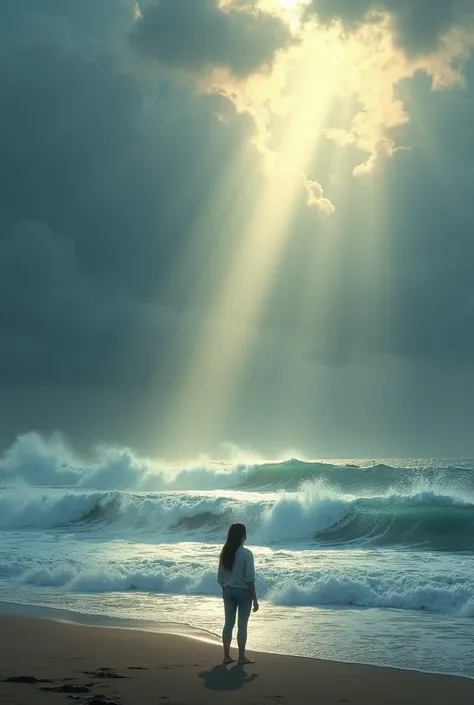 a person on a beach, looking at the rough sea as a ray of light crosses the clouds and illuminates it