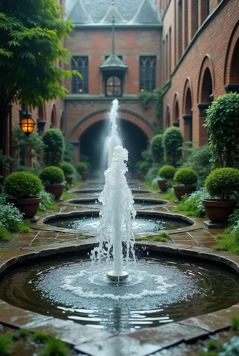 A courtyard in a magical school with small magical fountains scattered around the courtyard launch water jets in perfect geometric shapes. The soft sound of the water brings peace and inspiration to those who pass by .  