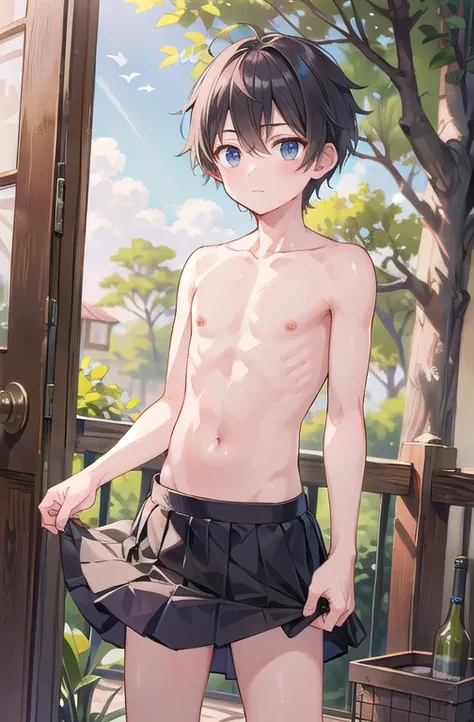 A young boy putting on his skirt shirtless in treehouse