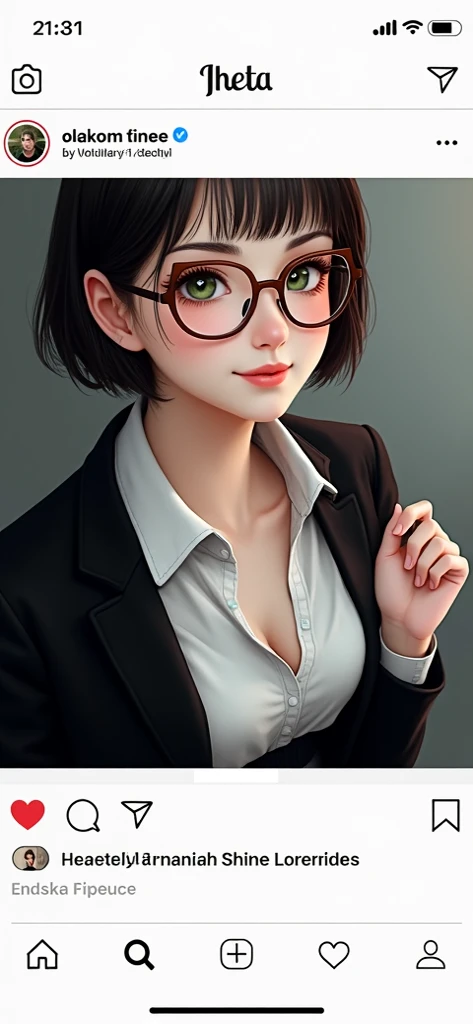 realism, smile,  green eyes, glasses,  short hair, blush, breasts