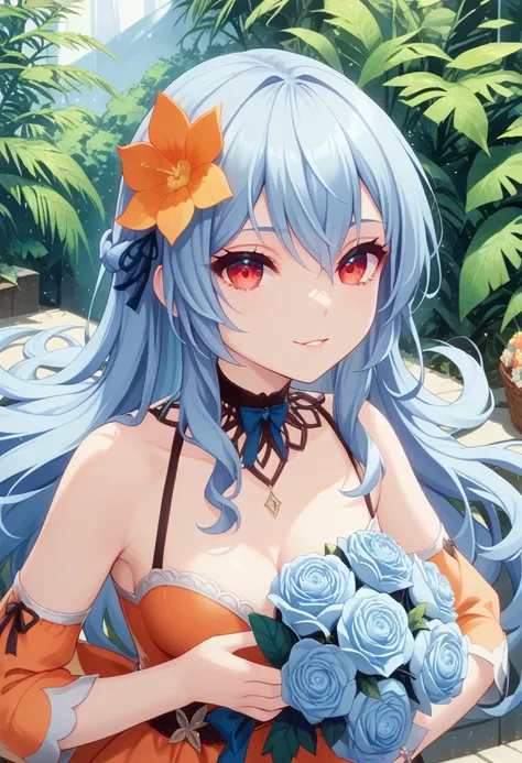 Rocbouquet　blue hair　long hair　red eyes　orange dress　hair flower　バストショット