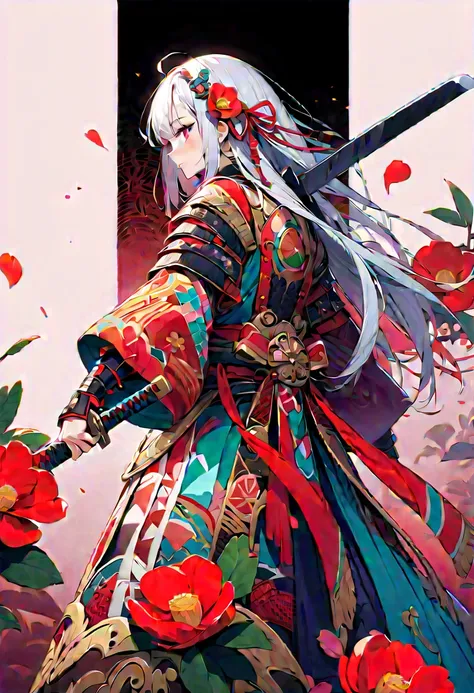 {worst quality, low-quality}, A vibrant and colorful illustration of an anime-style female samurai character with white hair, holding her sword in front of her face. She wears a traditional Japanese costume decorated with camellia, ((red full moon and came...