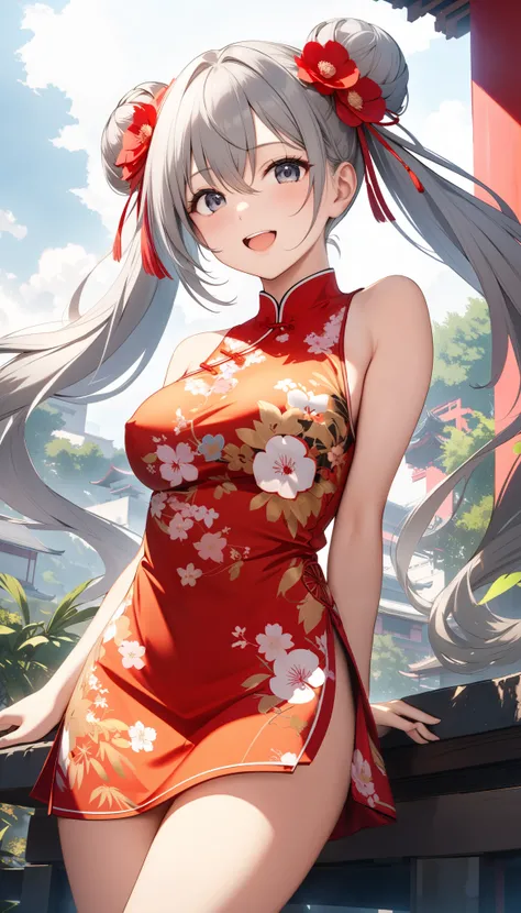 (nsfw:1.5), 1girl, solo, sexy girl, 18 years old, long hair, looking at viewer, happy, hair ornament, hair between eyes, bare shoulders, twintails, Floating hair, large breasts, (cowboy shot:1.5), grey hair, hair ribbon, :d, detached sleeves, hair flower, ...