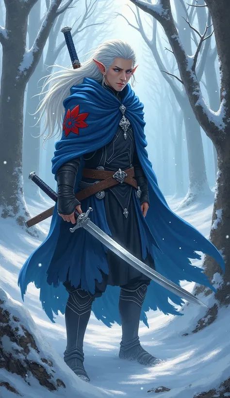 Character art of a male half-elf with elements of a white dragonborn in his ancestry, platinum silver hair, in a snow covered forest, he wields one magical katana, the katana has a slide adjuster on the back side of the blade, wears a blue heavy cloak with...