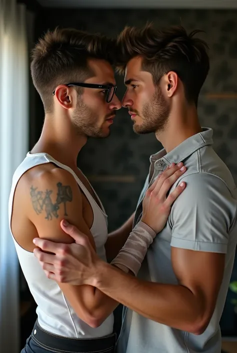  Zack and Harry are together in an intimate and emotionally charged pose .  Zack is a 25-year-old man ,  thin but well-proportioned ,  with marked shoulders and a posture relaxed but dominant .  He wears elegant glasses and his characteristic unbuttoned sh...