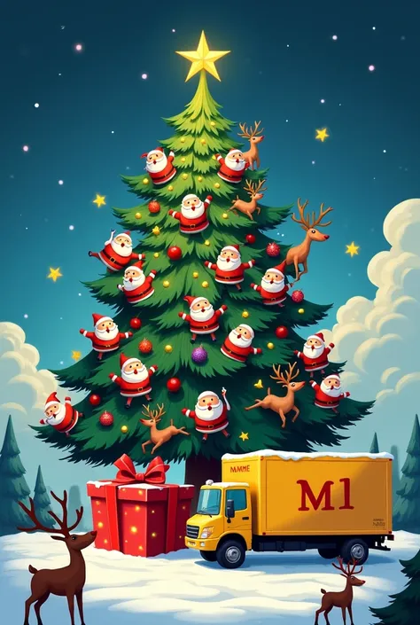 Create a Christmas tree , with thirteen Santa Clauses and ten reindeer inside it in a funny way . Place in the center a large red gift with the name ML and a yellow box truck on the side.
