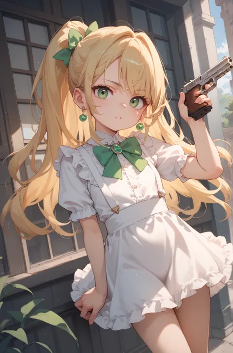 masterpiece, small boobs, simple dress, young, handgun, long hair, blond hair, Jade Green eyes