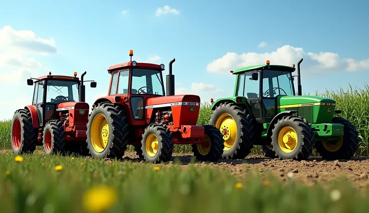 "Create a high-quality image showcasing a collection of American tractors in a rural field setting. Include popular tractor models like John Deere 1600 series  emphasizing their distinct designs and colors. The tractors should be placed in a realistic farm...