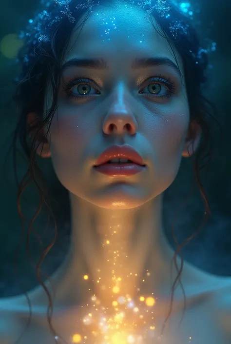 a person receiving messages from beyond, paranormal energy, blue and gold energy, 1 person, beautiful detailed eyes, beautiful detailed lips, extremely detailed face, long eyelashes, mysterious expression, spiritual energy, glowing blue and gold aura, ethe...