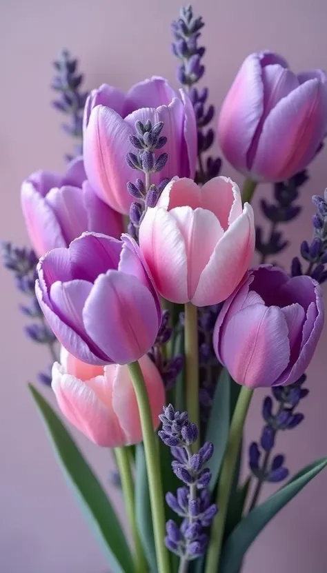 A bouquet of vibrant tulips in shades of purple and pink, elegantly arranged with sprigs of lavender. The soft focus and pastel background enhance the delicate beauty of the flowers, creating a serene and calming atmosphere. Use this image for inspiration ...