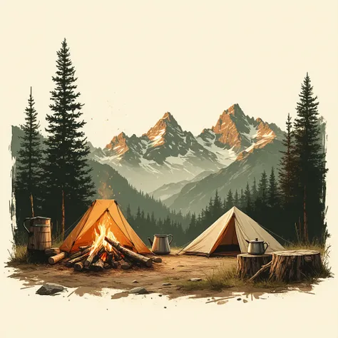 (((Masterpiece))), Create a hand-drawn style illustration suitable for a camping-themed mug design. The illustration should feature rugged outdoor elements, including mountains, a campfire, and a coffee pot. Ensure the artwork is free-standing with a trans...