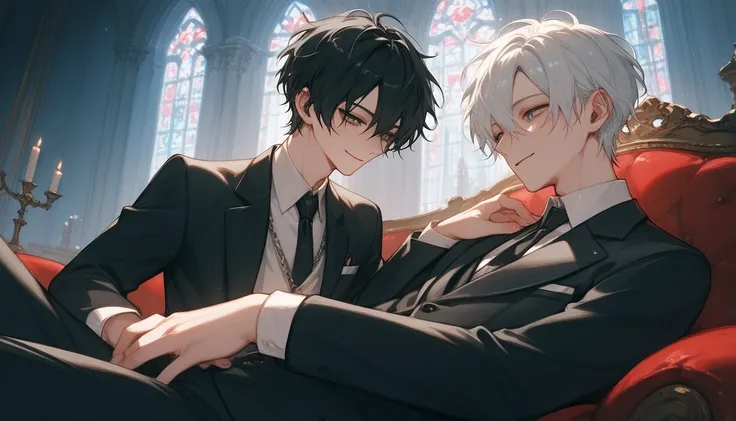 ((Two intimate guys :1.5)),  perfect face,   beautiful face,  Highly Detailed Faces，( man with short black hair :1.3)，(Man with short white hair :1.3)，suit、smile、Gothic castle interior 