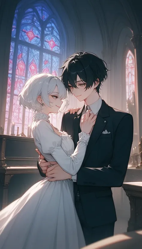 ((Two intimate guys :1.5)),  perfect face,   beautiful face,  highly detailed faces，( man with short black hair :1.3)，(Man with short white hair :1.3)，suit、smile、Gothic castle interior 