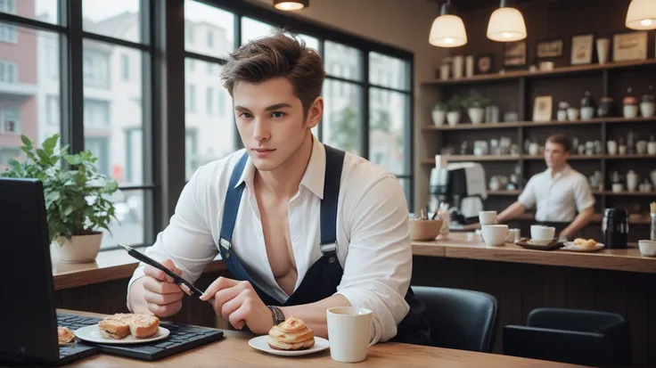 A man working by opening a PC at a cafe