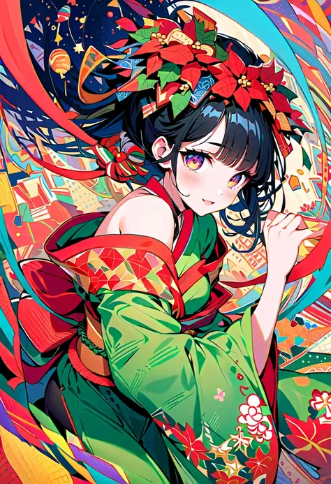 {worst quality, low-quality}, A vibrant and colorful illustration of an anime-style female geisha with black hair, (geisha girl), (off shoulder), She wears a traditional Japanese costume decorated with poinsettia, and the background is full of colorful pat...