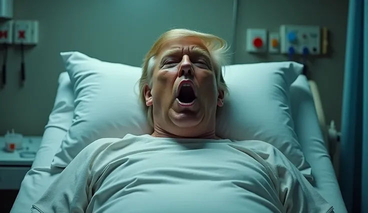 Sick patient tied to bed，(whole body)，President Trump，Strong expression，Open your mouth， pale skinned ， with messy hair ，Medical equipment ，Ward， Dramatic Lighting， pastel colors ，Movie，masterpiece，