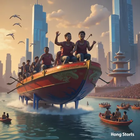 Dragon Boat Racing， Combining New Era Technology，Technology， is full of spectators on both sides of the sea，Hong Kongs characteristic architecture 