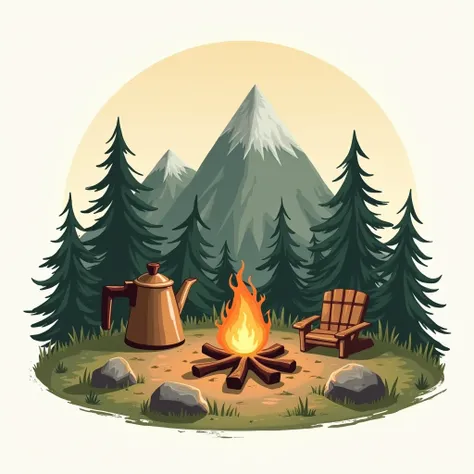 (((Masterpiece))), Create a hand-drawn style illustration suitable for a camping-themed mug design. The illustration should feature rugged outdoor elements, including mountains, a campfire, and a coffee pot. Ensure the artwork is free-standing with a trans...