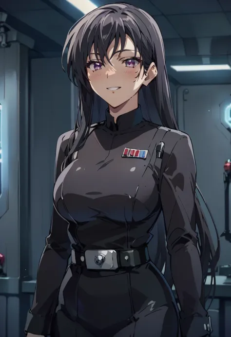  One Girl 、Alone、、 1 girl、Imperial uniform,(black) uniform, Reinale 、 black hair、 long hair on background、Crossed bangs、 purple eyes、 Big Breasts 、 curvy 、 wide hips, anime coloring 、  viewers、、smile、,hanger、  Standing 、blush、