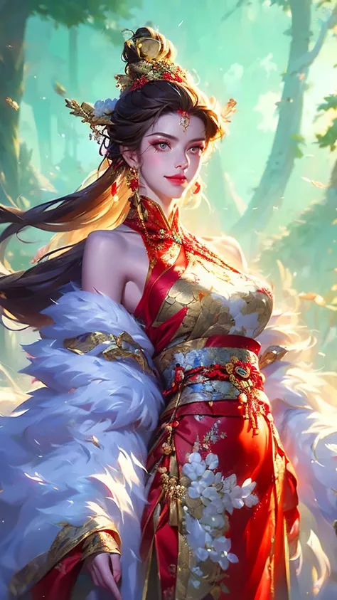  high detail,  High Quality , forest， An ancient Chinese woman ， sexy woman，Bangs, long hair,Eyebrows， Face with a smile ，Big breasts， wearing a red ancient Chinese dress， Bare shoulders，center， watching people 