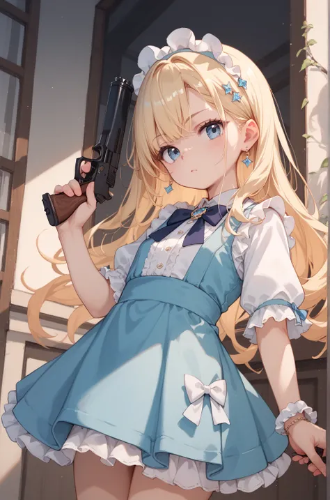 masterpiece, small boobs, simple dress, young, handgun, long hair, blond hair, light blue eyes