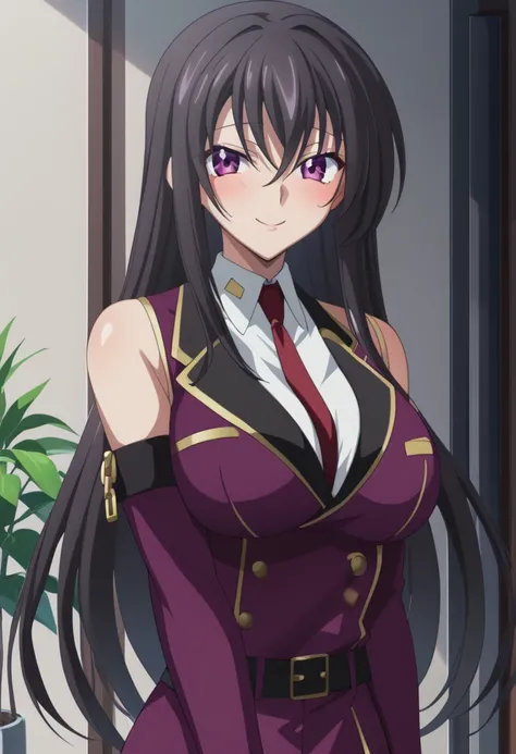  One Girl 、Alone、、 1 girl、、 Reinale 、 black hair、 long hair on background、Crossed bangs、 purple eyes、 Big Breasts 、 curvy 、 wide hips, anime coloring 、  viewers、、smile、  thigh high boots 、 collared shirt 、 red tie 、Elbow Handbags、 pencil skirt、Black Belt、 ...