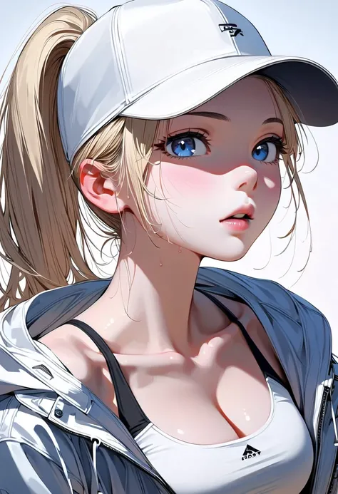 (masterpiece, best quality:1.2), 1 girl, solo, blonde, ponytail, cap, loose sports jacket, off-the-shoulder, sports bra, faint abs, detailed beautiful eyes, detailed beautiful mouth, slightly parted lips, white hair, tight yoga pants, boots, fingerless glo...