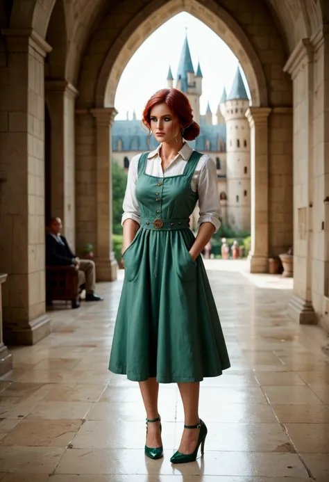 score_9, score_8_up, score_7_up, (masterpiece, UHD, 8K, 16K, ultra detailed), nsfw, three-quarter view, 1female, triss merigold, red nails, golden earrings, green pinafore dress, high heels, medium breasts, blowjob, 1 male, medieval castle background, (dep...