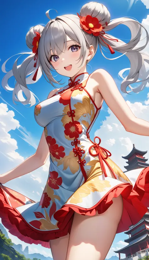 (nsfw:1.5), 1girl, solo, sexy girl, 18 years old, long hair, looking at viewer, happy, hair ornament, hair between eyes, bare shoulders, twintails, Floating hair, large breasts, (cowboy shot:1.5), grey hair, hair ribbon, :d, detached sleeves, hair flower, ...