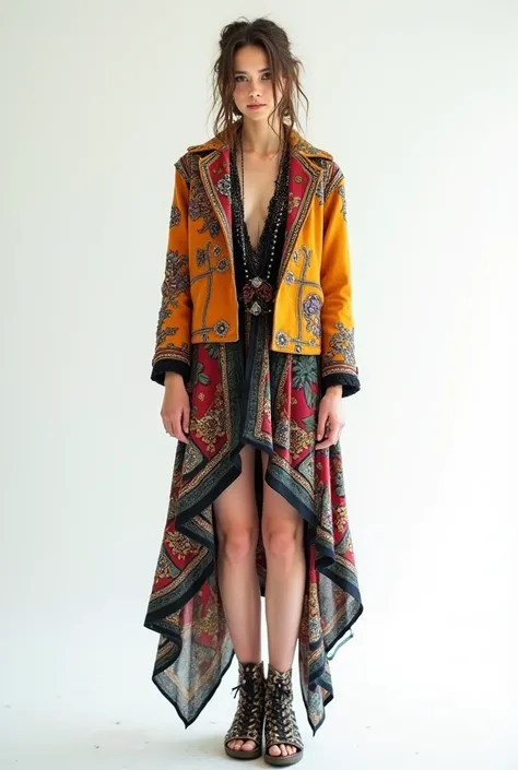 A bohemian jacket and a rocker dress for a medium-size woman with a pale complexion posing on a white background
