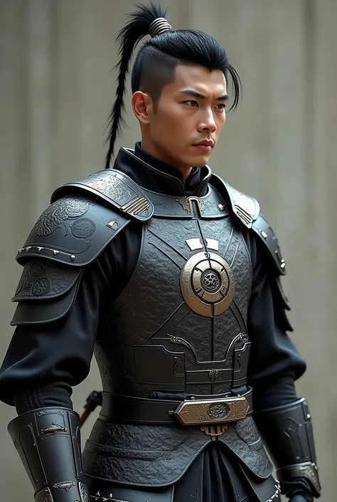 Character wearing the most modernized Hanfu war outfit (Armor) male; character with brown skin color ; slightly slanted eyes;  hair cut on the sides and on top (short hair current style ); No bun 
