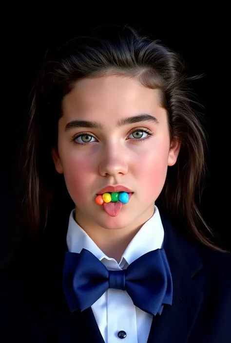 (very realistic photography),(masterpiece, best quality:1.3), 1girl, (alone), front view, her beautiful face,
((young Jennifer Connelly)),(at age 15),
she wear in tidy dark blue high school blazer uniform and immaculate shirt with blilliant blue bow tie.,
...