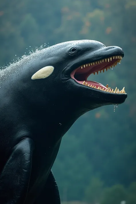 A killer whale in profile disguised as a lion pretending to roar