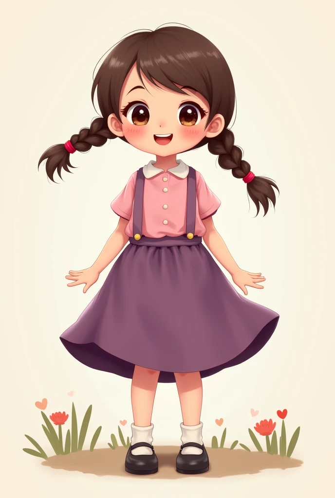 A girl with 2 brown braids. Pink shirt & purple skirt. White socks.black shoes. Cute face. 