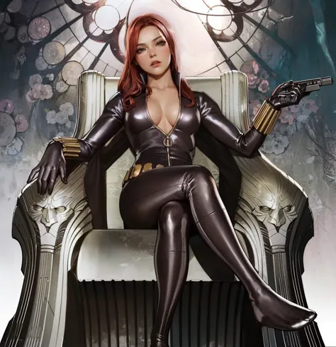 A digitally illustrated image shows a shoulder-length red-haired girl wearing a sleek skin-tight shiny black latex bodysuit with a deep-cut zipper neckline revealing a large chest, the silver zipper running down the front. The suit is complemented by her g...