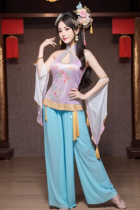 The woman is wearing an ancient dance costume, including a light blue full-length halter top blouse, and pink chiffon trousers on the bottom. She is an oriental beauty with a very Chinese style. The costume is very Song Dynasty style. She has her back to t...