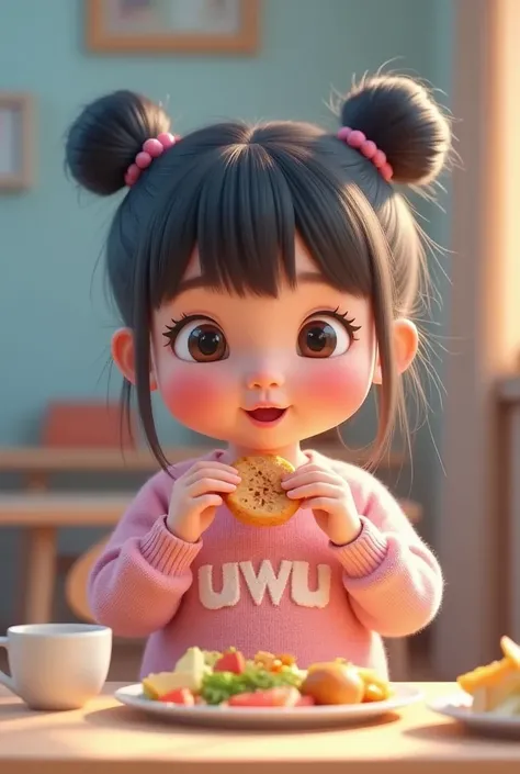 Uwu is a cute and adorable girl, , with her hair tied in two buns on top and bangs, clear hair fibers, a beautiful girl, her pee is bright red, wearing a pink sweater with the word "uwu" written on the front, eating fried chicken thigh, in the TV room.