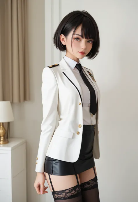 score_9, score_8_up, score_7_up, ,cowboy shot,1woman,,Naval officer、short  hair,bangs,((white blazer jacket、black tie、 black  mini skirt、black garter belt,black thighhighs))、