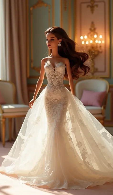 "Barbie brunette parades elegantly in a stunning fashion setting with a wedding dress designed by fashion designer Vera Wang".