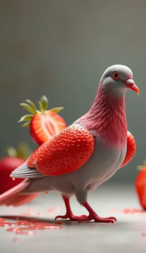 "A hybrid creature made of a pigeon with parts of its body transformed into strawberries. The wings are made of fresh, bright red strawberries, and the body is a smooth blend of pigeon feathers and the texture of strawberry skin. The pigeon’s head remains ...