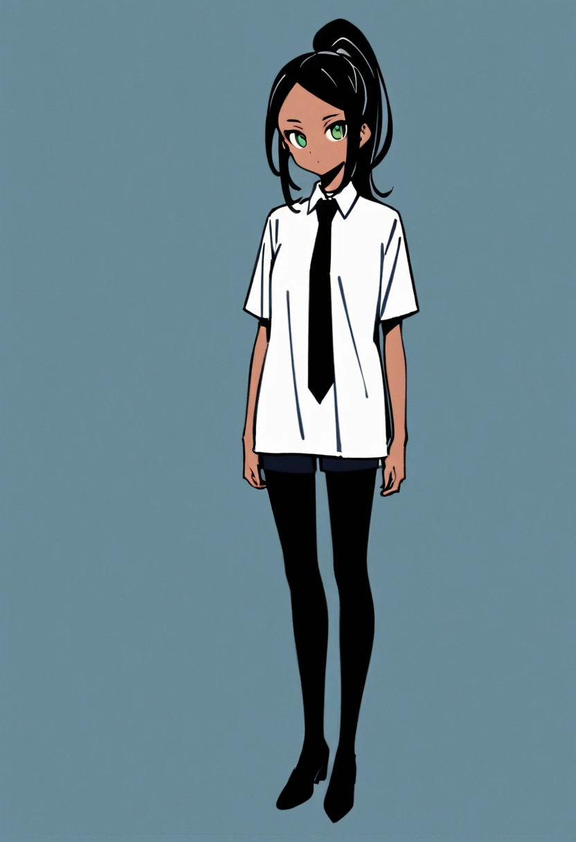  one girl 、 tanned skin、 black hair、 ponytail、 all back、Green mesh、A bunch of green bangs 、White short sleeve shirt、Exposed arms、Navy blue tie、All black tights 、 dark blue shorts that only hide the groin、 long legs 、Smart Style、 Tall、 full body view、 Pokém...