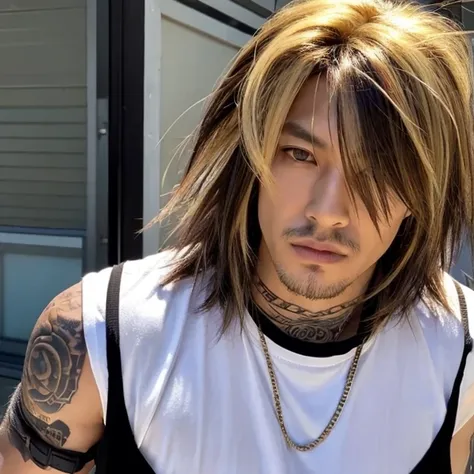 1 man, Japanese man, male, Asian eyes, golden eye color, muscular, broad shoulders, yakuza tattoos, hairstyle Visual Kei style, hair Visual Kei, black mens shirt and black pants, ultra detailed face and eyes , hyperrealistic, realistic representation, long...